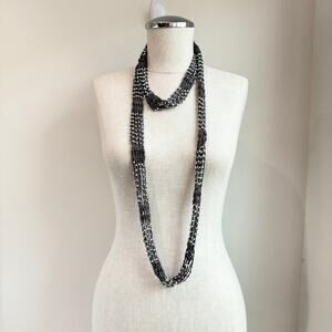 Y2K-inspired Crocheted Skinny Scarf with Beaded Embellishment – Gray & Silver